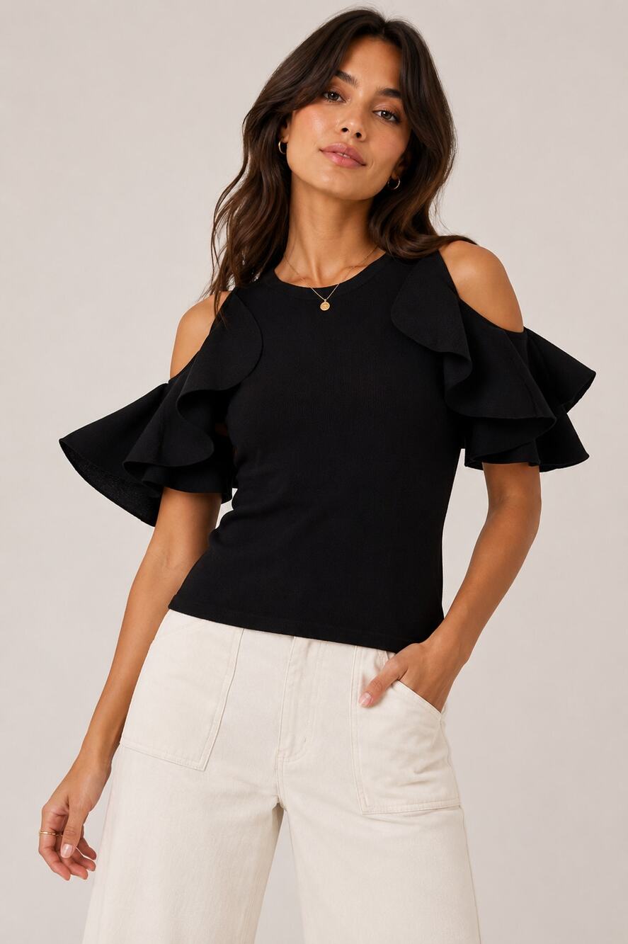 Caruso Caruso Black Ribbed Knit Ruffle Sleeve Top XS Date Night Coquette